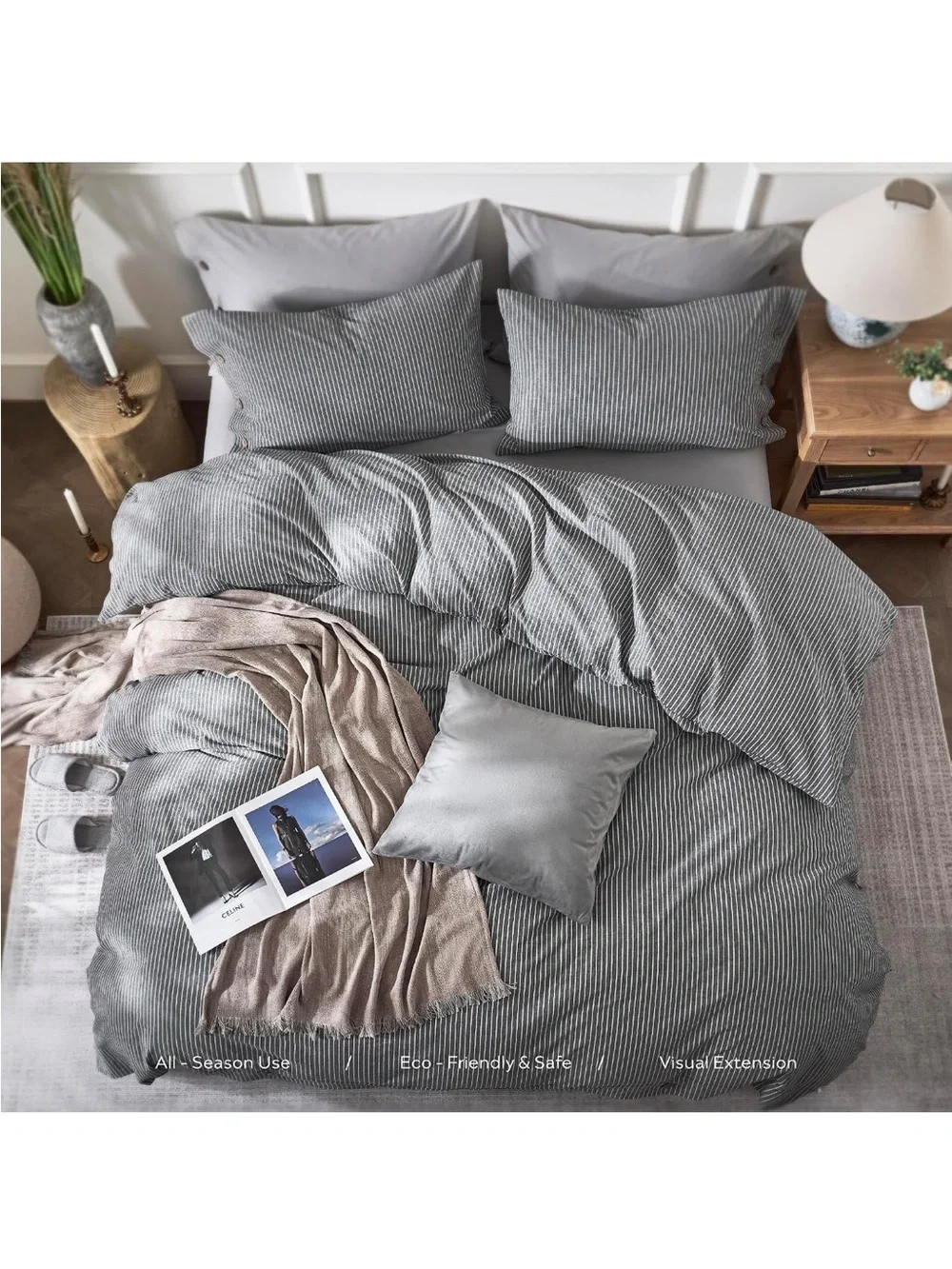 NEW JELLYMONI 100% Washed Cotton Duvet Cover - Black Vertical Pinstriped